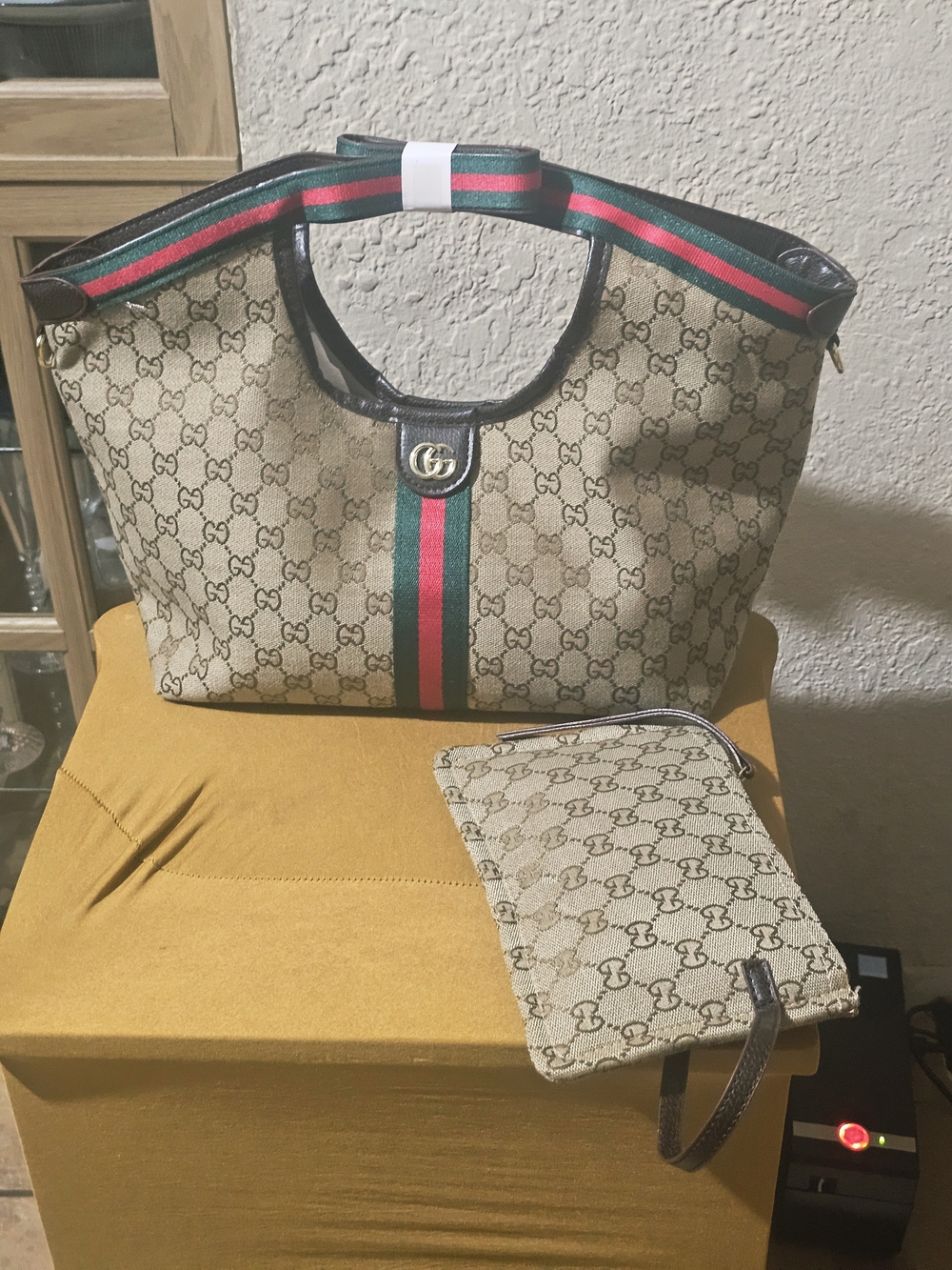 Gucci Beige GG Supreme Tote with Green-Red Web Stripe